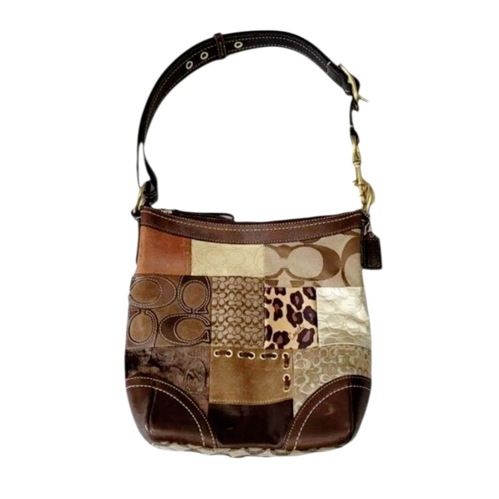Vintage Coach Animal Print Patchwork Suede, Leather, Canvas & Velvet Hobo Bag - Picture 3 of 15